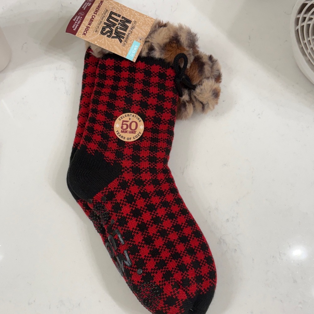 Muk Luks Red and Black Checkered Slipper Socks